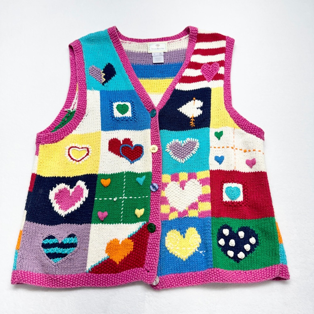 Susan‎ Bristol Vintage 1996 Patchwork Heart Knit Vest Womens Size L Multi Cotton